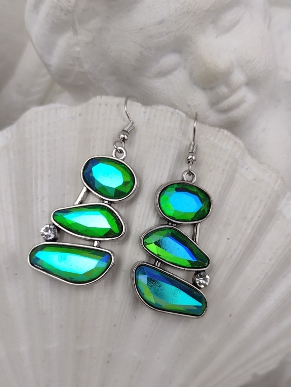 Iridescent Emerald Green Faceted Oil Spill Silver Tone Drop Earrings